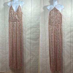 Belle Badgley Mischka Gold Sequin Maxi Dress Formal Gown Glam Holiday Party